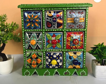 Wooden Painted Ceramic Drawer | Trinket Box | 9 Small Compartment Chest of Drawers | Handmade Storage for Home & Restaurant Decor