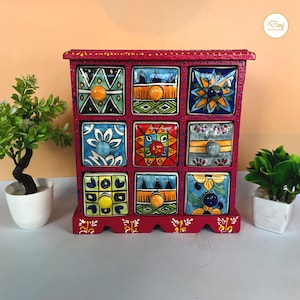 Hand-Painted 9-Drawer Box, Boho Ceramic, Jewelry & Spices