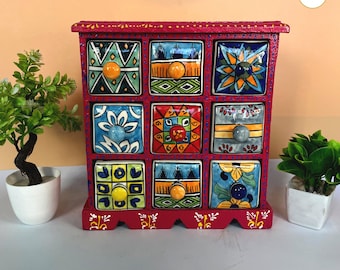 9 drawer home decor box, art box storage, hand-painted chest box, wooden ceramic drawers, boho style drawer box, trinket box for home decor