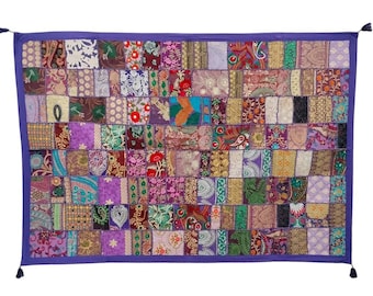 Tenture murale en patchwork faite main | Tapisserie bohème en coton recyclé