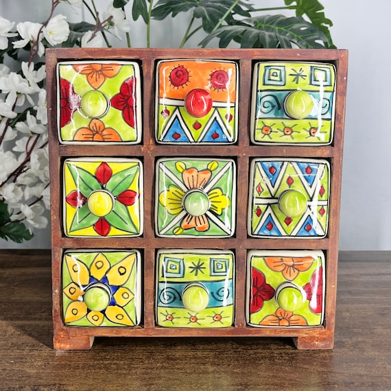 Handmade Indian Spice Box | 9-compartment Ceramic Drawer Organizer