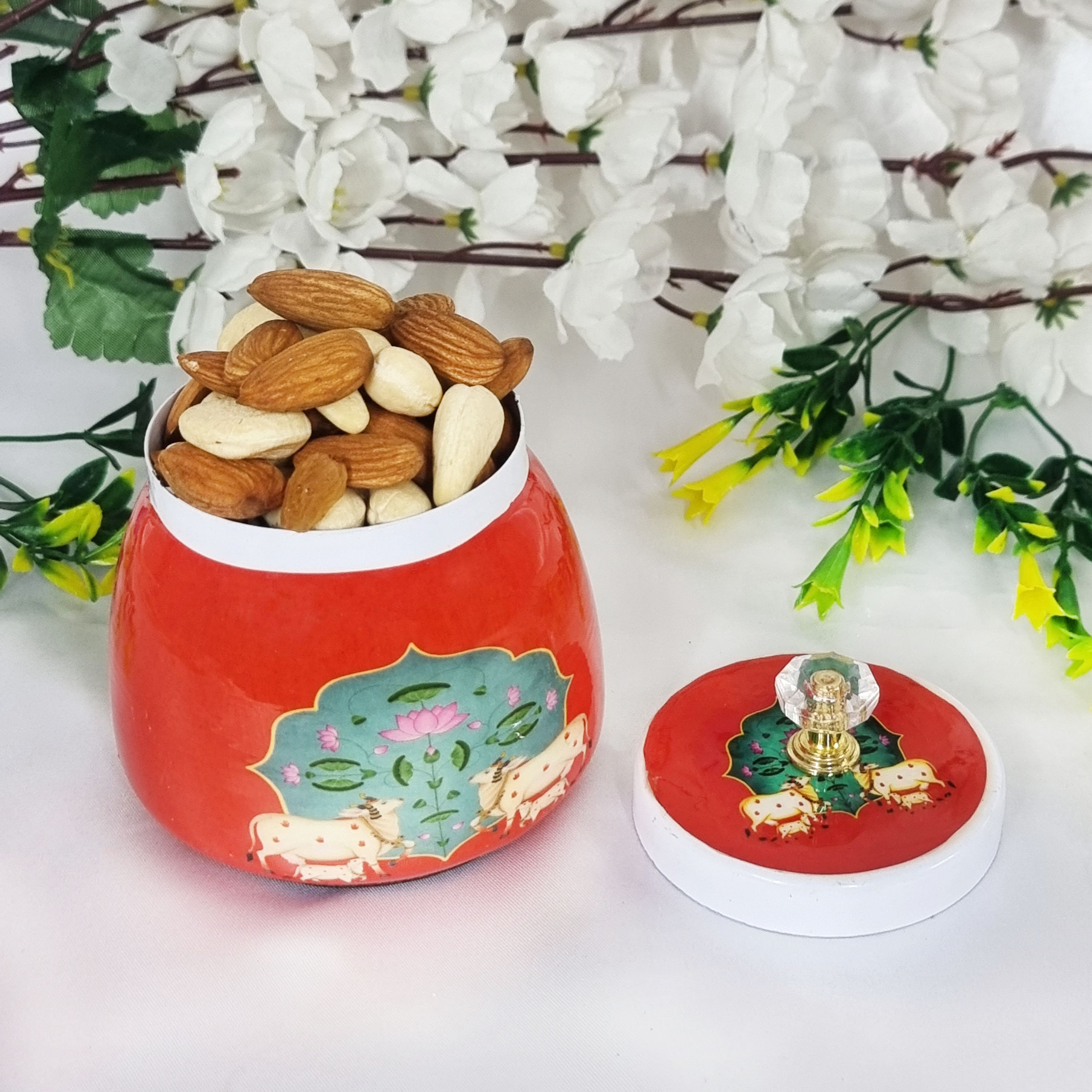 手描きの蓋付きドライフルーツジャー｜インド風保存容器｜装飾的な