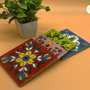 Exquisite Hand-Painted Moroccan Style Floral Ceramic Tiles – Vibrant 4-Piece Set | 4x4” Artistic Wall Accents | Elegant Home Decor