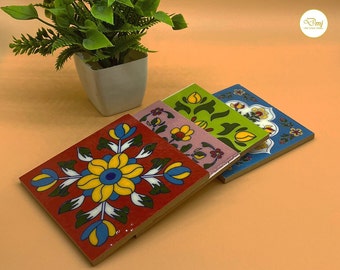 Hand-Painted Moroccan Floral Ceramic Tiles – 4x4" Boho Decor, Set of 4