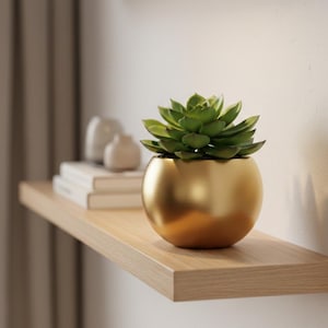 Op de afbeelding: Een kleine, ronde, goudkleurige metalen plantenpot met een groene vetplant. De pot heeft een glad, reflecterend oppervlak en een bolvorm, en staat op een lichtgekleurde houten plank naast twee op elkaar gestapelde boeken en kleine decoraties.