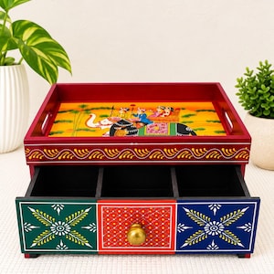 Cajón de almacenamiento de madera hecho a mano con bandeja – Organizador colorido de arte popular – 12 × 8 × 6 pulgadas