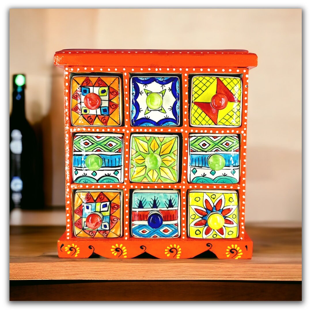 9 Box Jewelry Box, Art Box Storage, Hand Painted Chest Box, Wooden