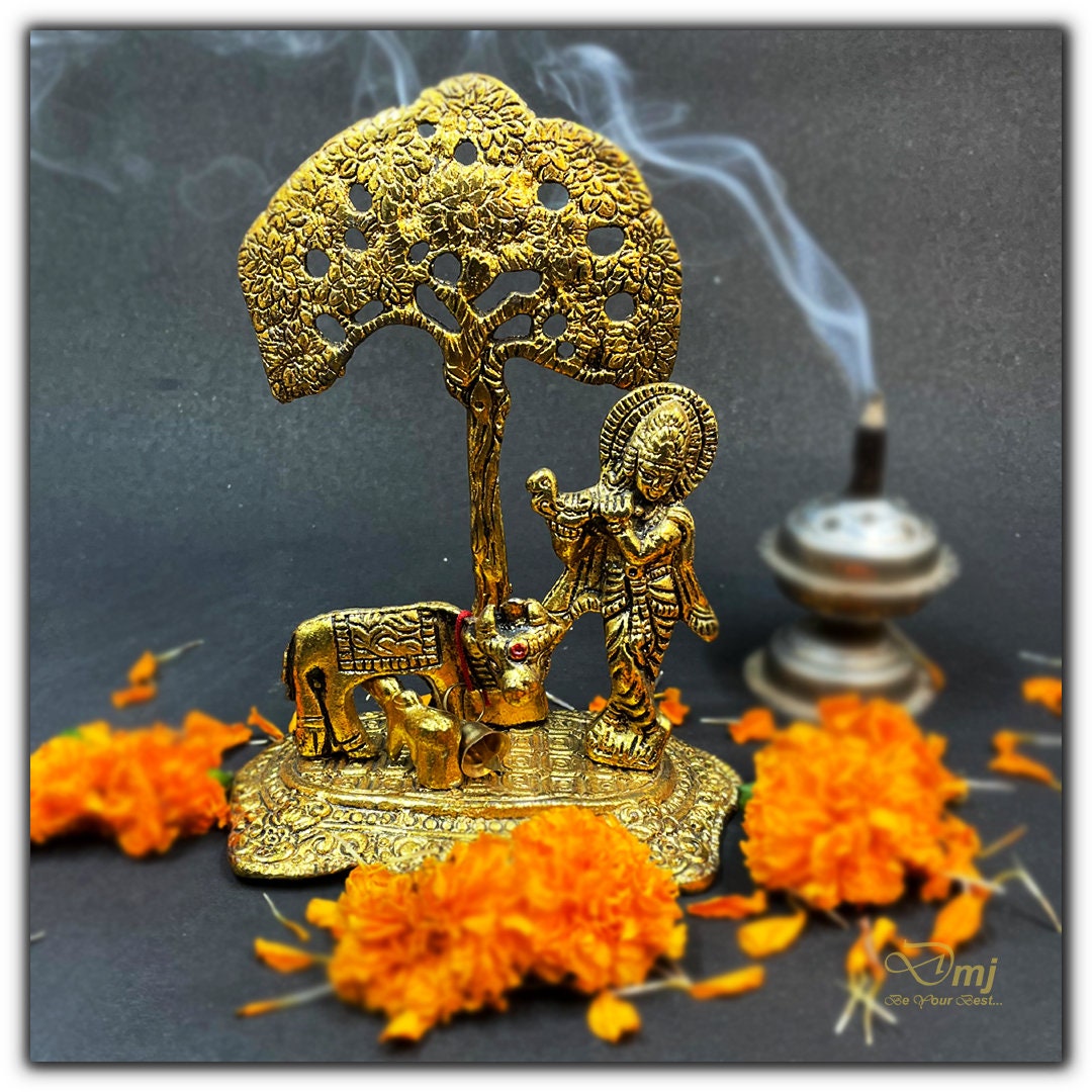 Krishna Statue Under Tree with Cow, Lord Krishna Idol | Hindu God Sculpture, Krishna with Flute, Home Decor, Hindu Gift