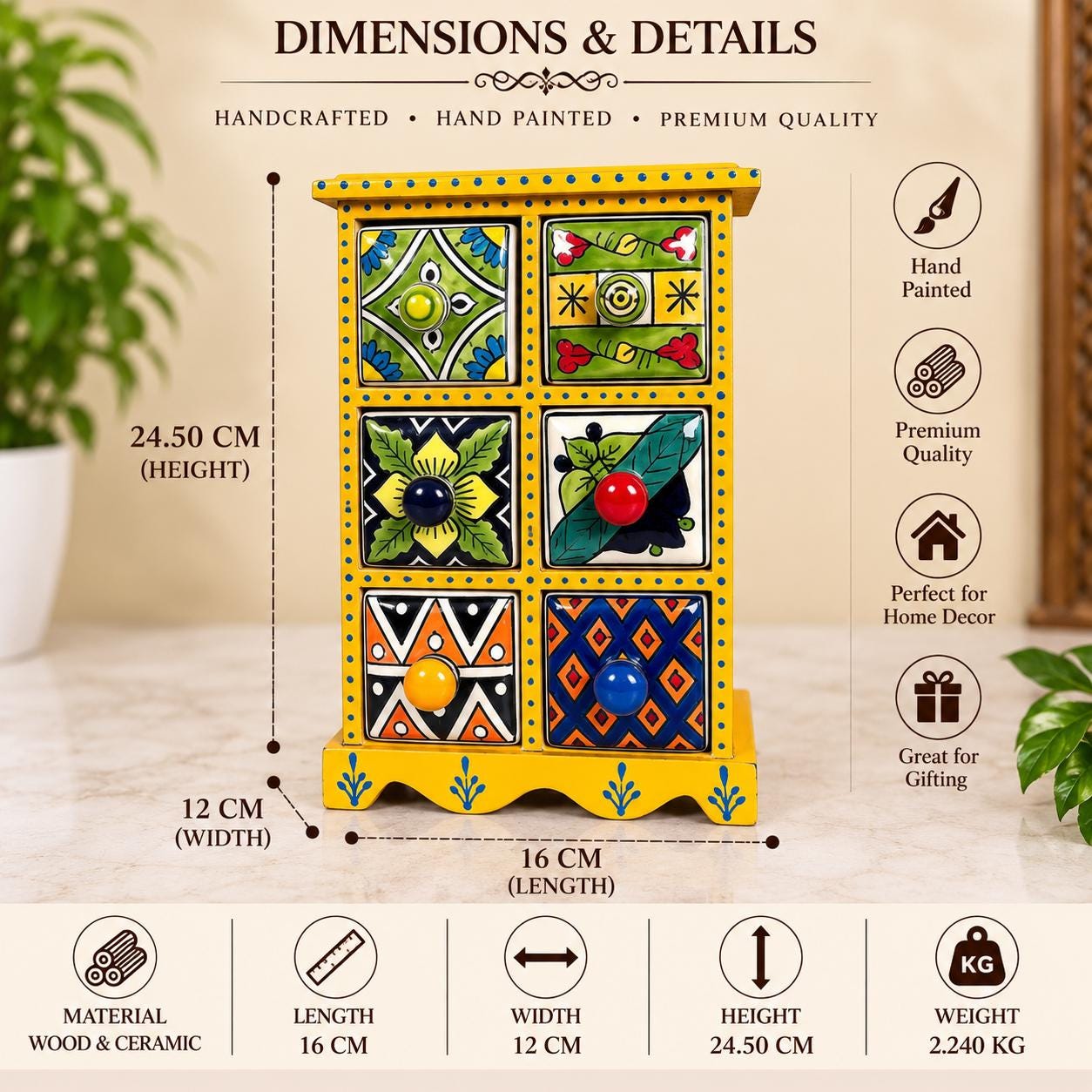 Wooden Ceramic Drawer Organizer – Hand Painted Floral Folk Art
