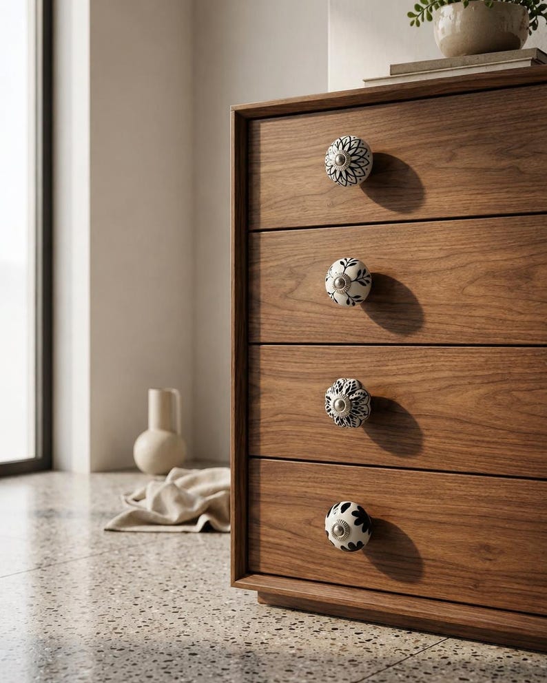 May include: A wooden chest of drawers with four drawers, each fitted with a decorative ceramic knob. The knobs display black and white floral designs. The chest is made of warm-toned wood.