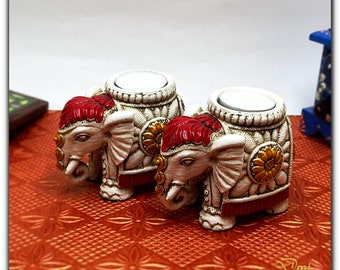 Set portacandele indiano fatto a mano con elefante di colore bianco, portacandele d'amore per animali, arte artigianale indiana, candela tealight a elefante