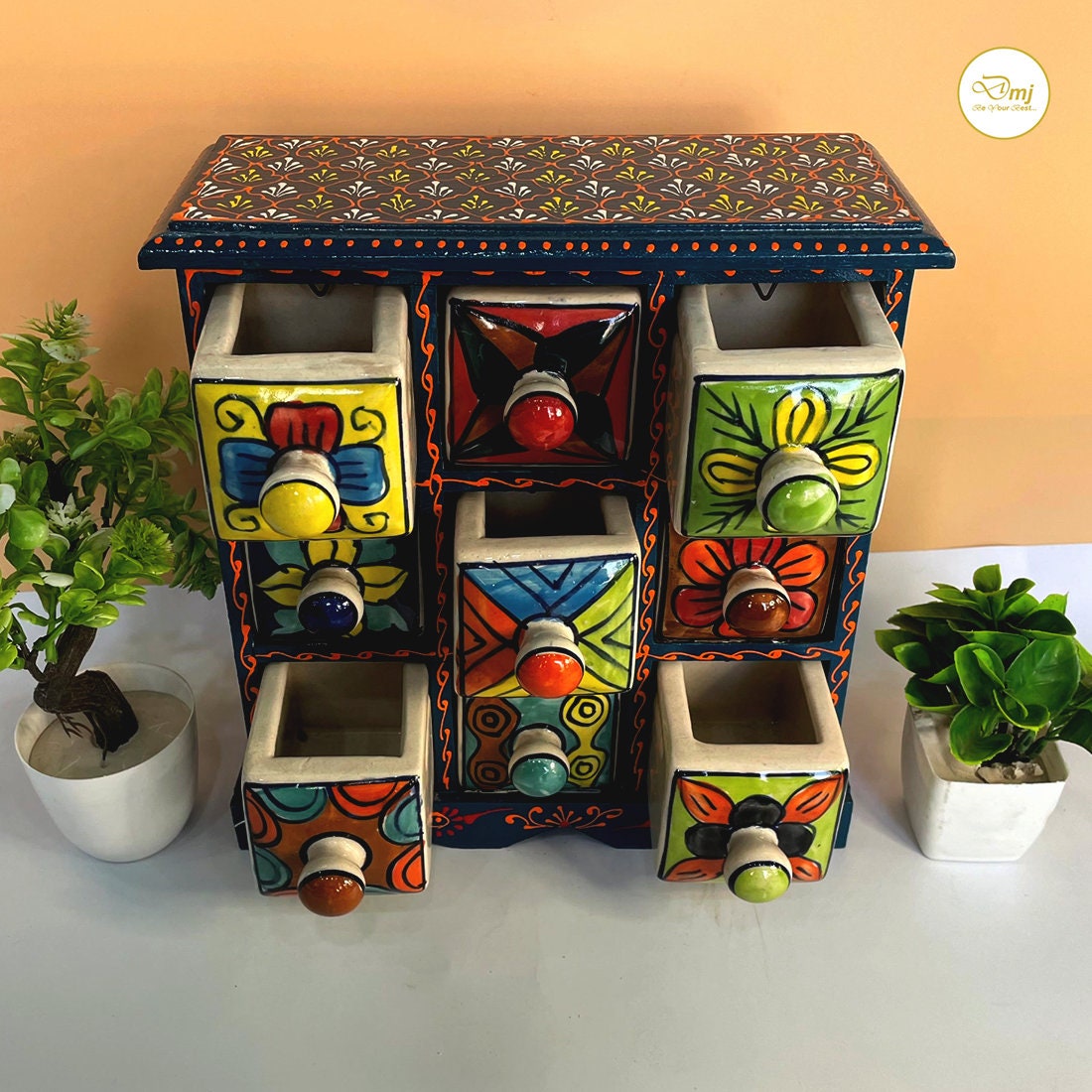 Handmade Wooden Spice Box With Hand-painted Ceramic Drawers