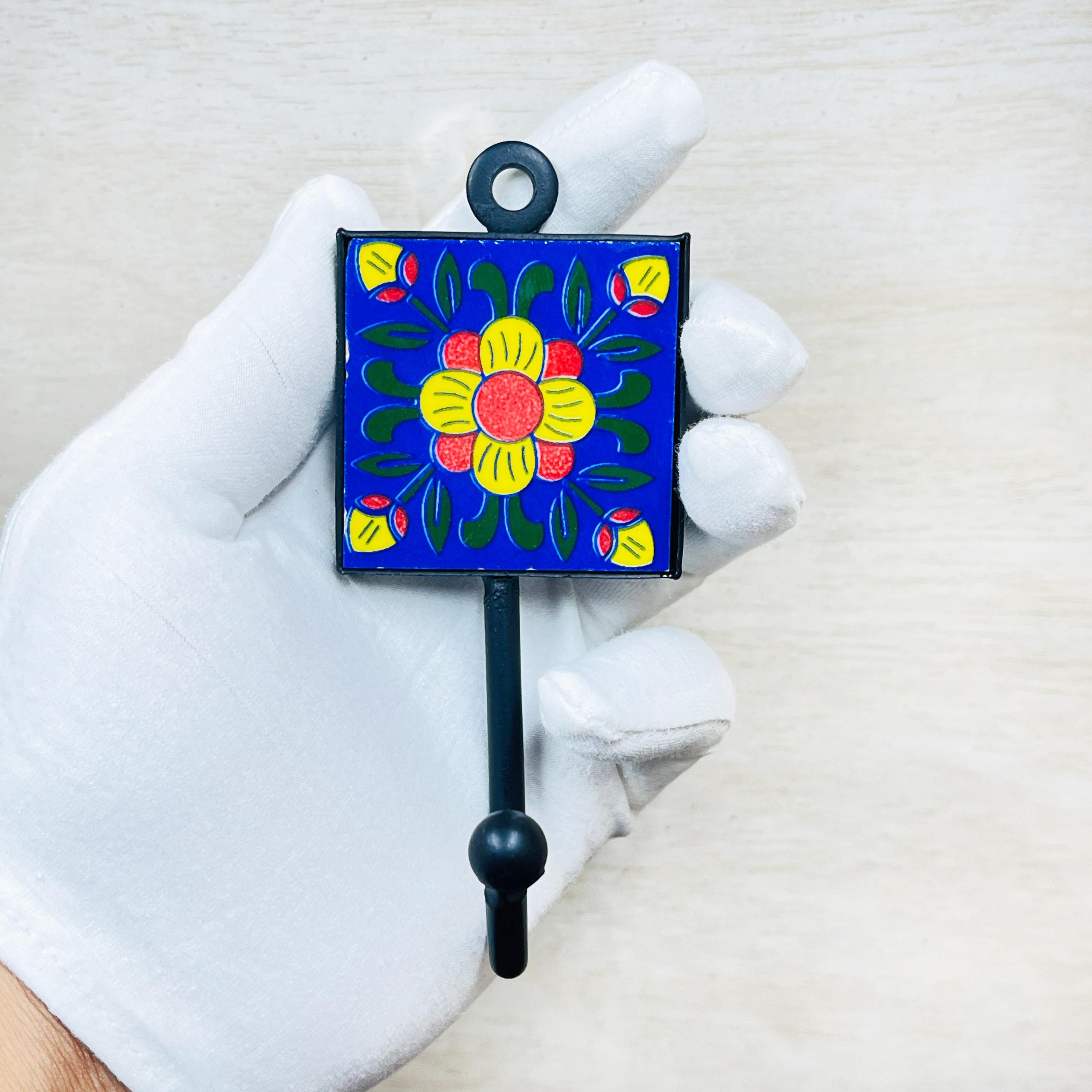 セラミック製壁掛けフック6個セット、手描きの花柄フック、ブルーの壁