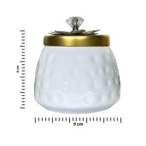 White Metal Jar, Gold Lid, Crystal Floral Knob, Decorative Storage Container