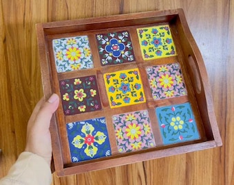 Handcrafted Wooden Serving Tray with Hand-Painted Ceramic Tiles | Decorative Tea Tray | Indian Floral Breakfast Tray | Coffee Table Decor