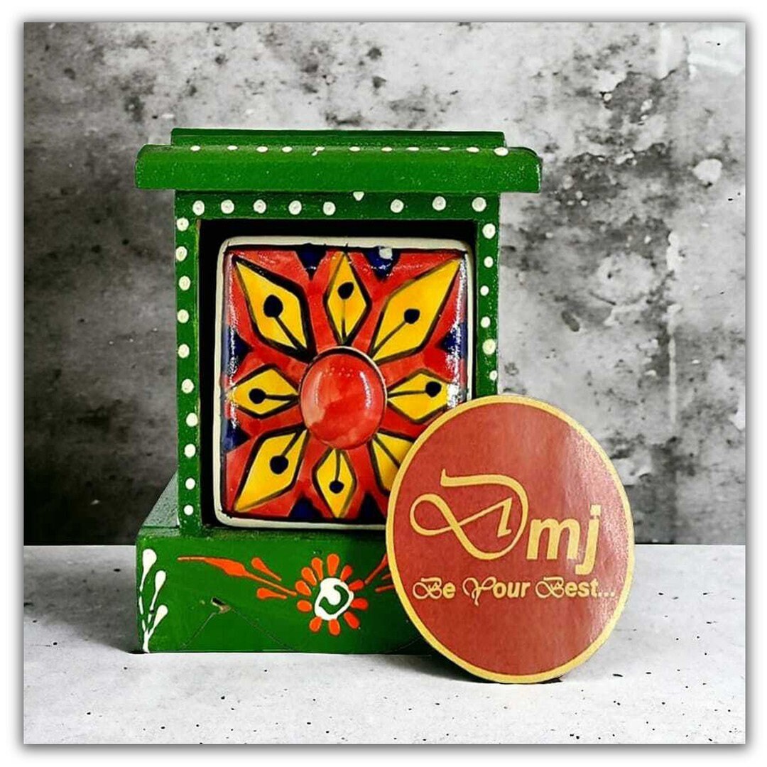 Colorful Ceramic Drawer Organizer, Hand Painted Wooden Storage Box