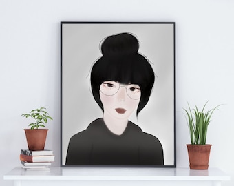 May include: A framed illustration of a woman with black hair in a bun, wearing round glasses and a black sweater.