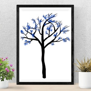 May include: Black and white framed print of a stylized tree with blue watercolor leaves.