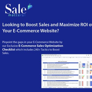 Pode incluir: Gráfico azul com o texto "Sale matters!" e "Looking to Boost Sales and Maximize ROI of Your E-Commerce Website?" A imagem também inclui uma lista de verificação com mais de 240 táticas para aumentar as vendas.