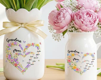Personalized Mom And Grandma Heart Flower Vase, Grandma Vase With Grandkids Name, Mum and Nana Generations Gift, Mother's Day Gift Vase