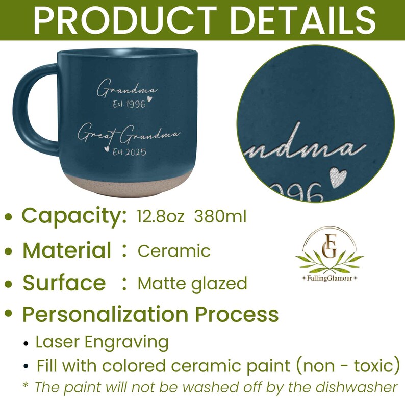May include: A blue ceramic mug with a beige bottom. The mug is 12.8 ounces or 380 milliliters. It has the text "Grandma Est 1996 Great Grandma Est 2025" on the front. The mug can be personalized with laser engraving or by filling it with colored ceramic paint.