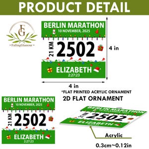 May include: A flat, square acrylic ornament featuring a green background with the text BERLIN MARATHON, 10 NOVEMBER, 2025, 21 KM, 2502, ELIZABETH, and 2:27:23. It includes holiday lights, gifts, and a Santa hat. Dimensions are 4 inches by 4 inches.