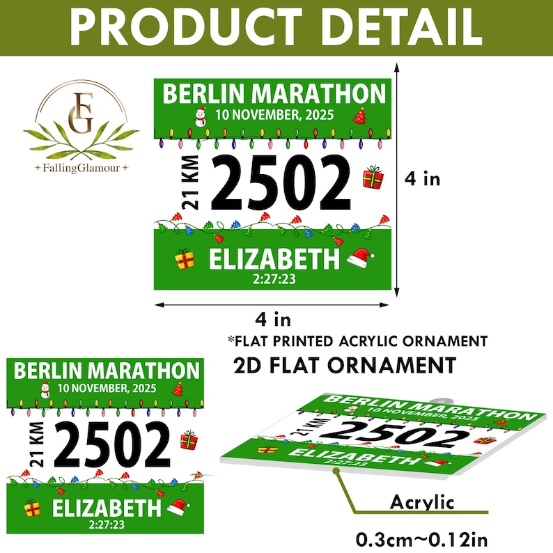 May include: A flat, square acrylic ornament featuring a green background with the text BERLIN MARATHON, 10 NOVEMBER, 2025, 21 KM, 2502, ELIZABETH, and 2:27:23. It includes holiday lights, gifts, and a Santa hat. Dimensions are 4 inches by 4 inches.