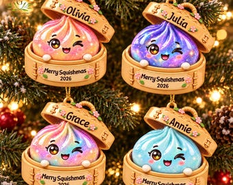 Personalized Glitter Dumpling 3D Relief Acrylic Ornament, Squishy Hunting Ornament, Dumpling Kawaii Christmas Keepsake, Kids Christmas Gifts