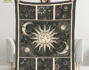 Sun And Moon Throw Blanket, Hippie Blanket, Boho Blanket, Hippie Style Lover, Celestial Gift, Spiritual Gift, Mystic Moon Phase Blanket