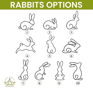 May include: A white background features ten line drawings of rabbits in various poses, each numbered. The text "RABBITS OPTIONS" is at the top. The Falling Glamour logo is in the bottom left corner.