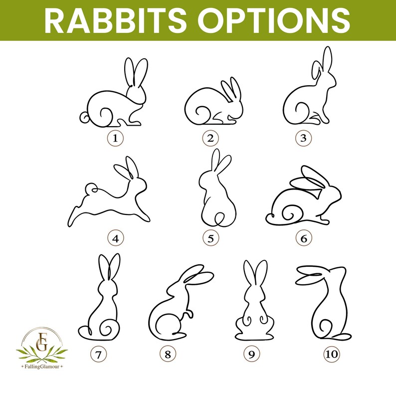 May include: A white background features ten line drawings of rabbits in various poses, each numbered. The text "RABBITS OPTIONS" is at the top. The Falling Glamour logo is in the bottom left corner.