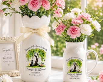 9th Anniversary Willow, 9th Anniversary Gift, Willow Tree 9 Year Anniversary Personalized Ceramic Flower Vase, 9th Anniversary Gift for Her