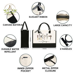 May include: A black and white canvas tote bag with an elegant ribbon and two handles. The bag features a floral design with the name "Jenny" and measures 17 inches wide and 13 inches high. It has an inner zipper pocket and a metal zipper closure.