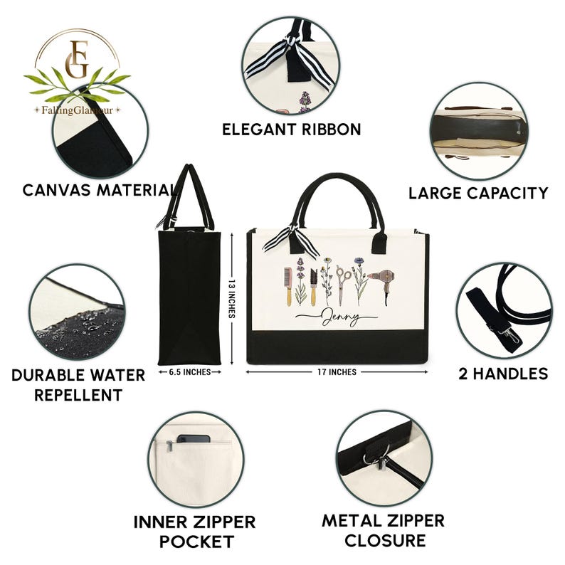 May include: A black and white canvas tote bag with an elegant ribbon and two handles. The bag features a floral design with the name "Jenny" and measures 17 inches wide and 13 inches high. It has an inner zipper pocket and a metal zipper closure.