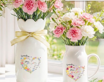 Personalized Mom And Grandma Heart Flower Vase, Grandma Vase With Grandkids Name, Mum and Nana Generations Gift, Mother's Day Gift Vase