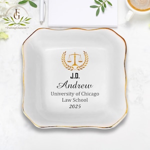 Personalized Law Degree Graduation Ring Dish, Lawyer Jewelry Dish, Scale of Justice Trinket Dish, Law School Graduate Favor,Lawyer Grad Gift