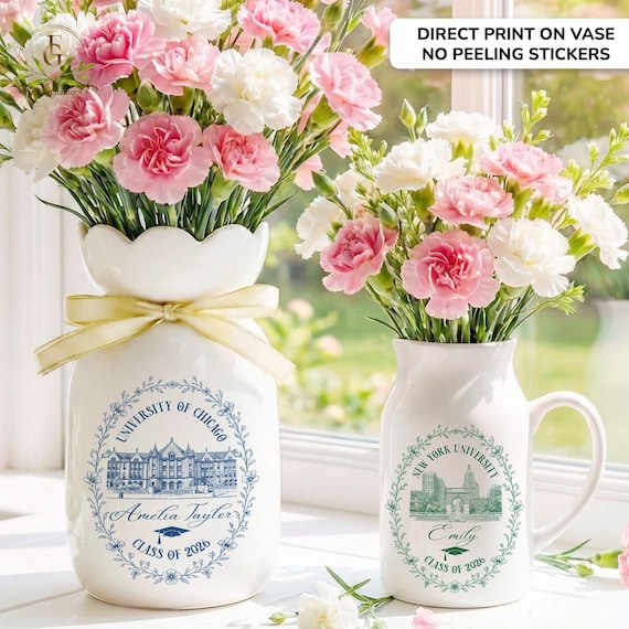 Personalized University College Portrait Flower Vase, Graduation Ceramic Vase, Class of 2026 Graduation Gift for Daughter, Graduate Keepsake