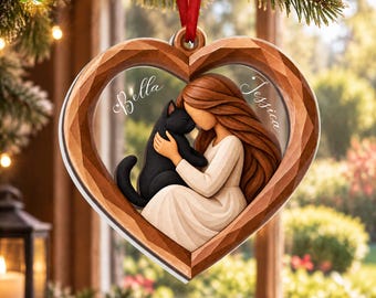Personalized Black Cat Christmas Ornament, Black Cat And Girl Xmas Ornament, Black Cat Gifts, Cat Lover Christmas, Gift For Black Cat Lover