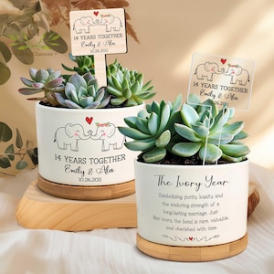 May include: Two white ceramic planters with succulents, decorated with elephant illustrations and the text "14 YEARS TOGETHER Emily & Alex 10.26.2011". One planter reads "The Ivory Year". Each planter sits on a wooden base.