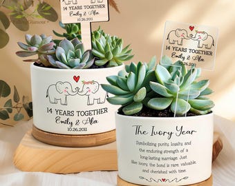 14th Anniversary Gift for Him, Personalized Elephant Planter, Christmas Wedding Gift, Holiday Decor Gift, Wedding Anniversary Pot for Wife