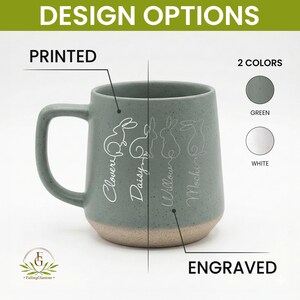 May include: A speckled green ceramic mug with a light brown base. The mug features engraved bunny designs and the names "Clovers", "Daisy", "Willow", and "Mochi". The text "DESIGN OPTIONS", "PRINTED", "2 COLORS", and "ENGRAVED" are also visible.