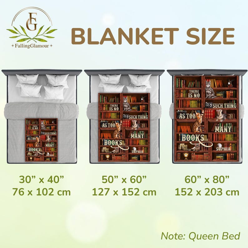 May include: A graphic of three different sizes of blankets with a cat and book theme. The text on the blanket reads "There is no such thing as too many books". The blanket sizes are 30" x 40", 50" x 60", and 60" x 80".