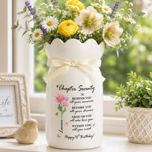 70th Birthday Flower Vase, 70th Birthday Gift For Women, Personalized Birth Flower Vase, Custom Name Chapter 70, Floral Chapter Seventy Gift
