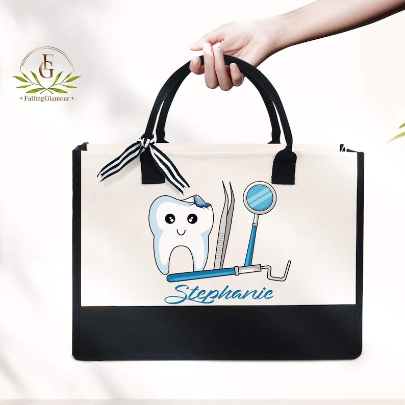 Personalized Dental Tote Bag, Custom Name Dentist Bag, Gift For Her Dentist, Dental Office Accessories, Dentist Gear Dental Hygienist Bag image 3