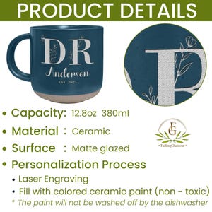 May include: A blue ceramic mug with a white handle. The mug has a white design with the letters "DR" and the name "Anderson" with the text "EST 2023". The mug has a capacity of 12.8 ounces or 380 milliliters.