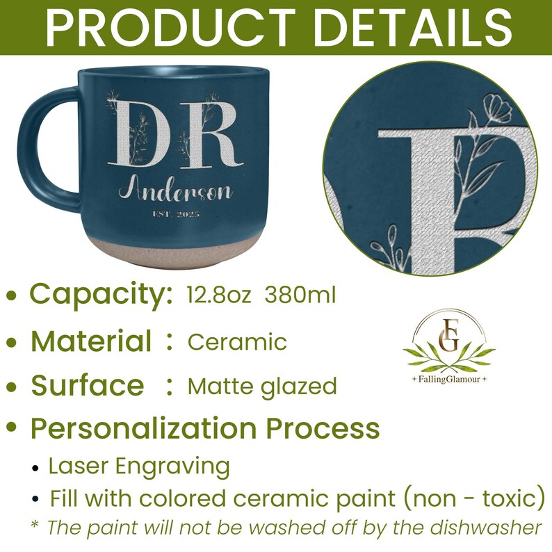 May include: A blue ceramic mug with a white handle. The mug has a white design with the letters "DR" and the name "Anderson" with the text "EST 2023". The mug has a capacity of 12.8 ounces or 380 milliliters.