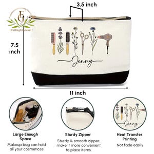 May include: A white canvas makeup bag with a black base, measuring 11 inches wide, 7.5 inches high, and 3.5 inches deep. It features a zipper closure and a design of beauty tools and the name "Jenny".