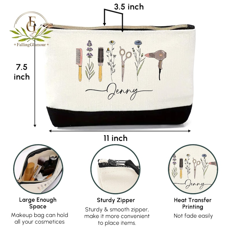 May include: A white canvas makeup bag with a black base, measuring 11 inches wide, 7.5 inches high, and 3.5 inches deep. It features a zipper closure and a design of beauty tools and the name "Jenny".