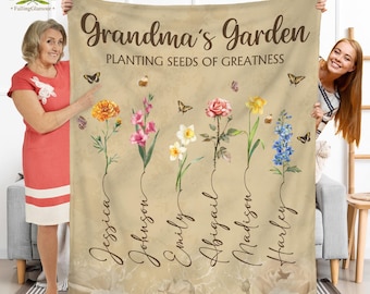Personalized Grandmas Garden Blanket, Gifts for Grandma with Grandkid's Birth Flower Gift, Grandma Gifts, Grandma's Garden Birth Flower Gift