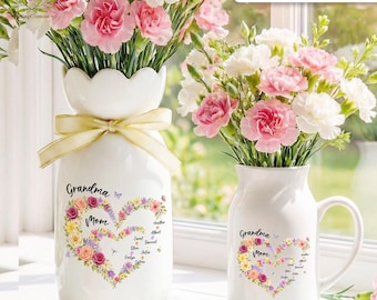 Personalized Mom And Grandma Heart Flower Vase, Grandma Vase With Grandkids Name, Mum and Nana Generations Gift, Mother's Day Gift Vase